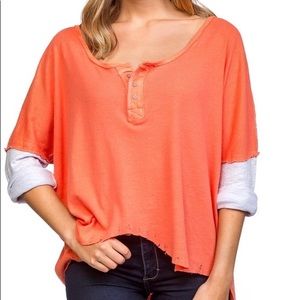 FREE PEOPLE STAR HENLEY TOP, CORAL, LAYER LOOSE OVERSIZED TOP XS